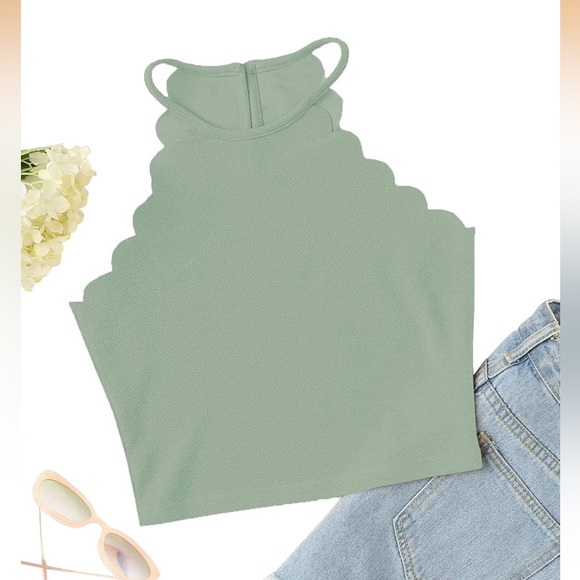 Tops - Scalloped Edge Halter Top - bluish green nwot